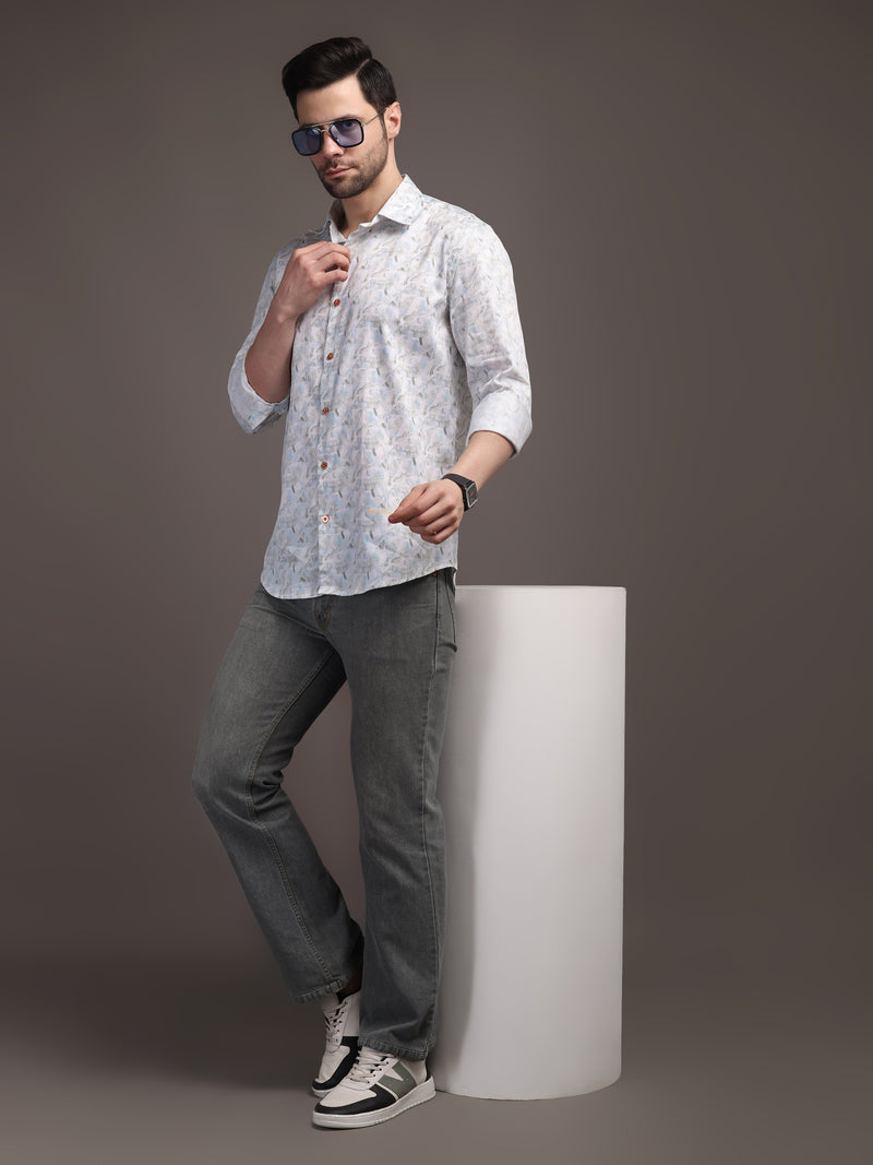 Whitish Blue Printed Bulgari Satin Discharge Shirt with Copper Metal Button - Premium, Unbreakable button