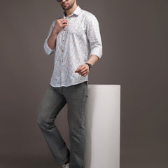 Whitish Blue Printed Bulgari Satin Discharge Shirt with Copper Metal Button - Premium, Unbreakable button
