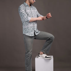 Grey Strippes Bulgari Satin Discharge Shirt with Copper Metal Button-Premium