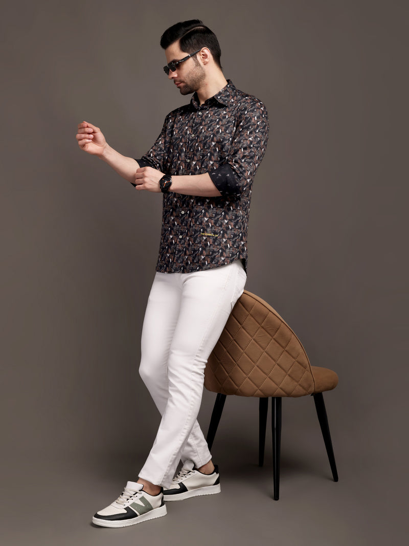 Cocoa Black and Brown Printed Bulgari Satin Discharge Shirt with Metal Button - Premium