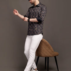 Cocoa Black and Brown Printed Bulgari Satin Discharge Shirt with Metal Button - Premium