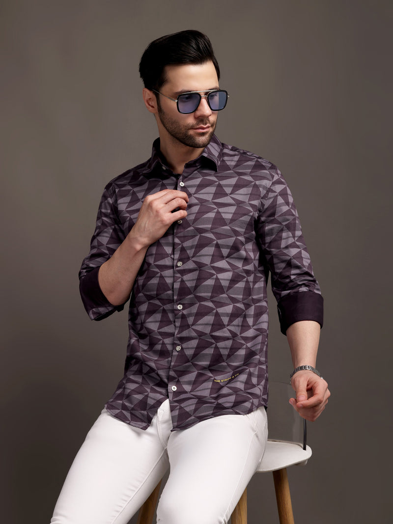Burgundy Strippes Bulgari Satin Discharge Shirt with Metal Button - Premium