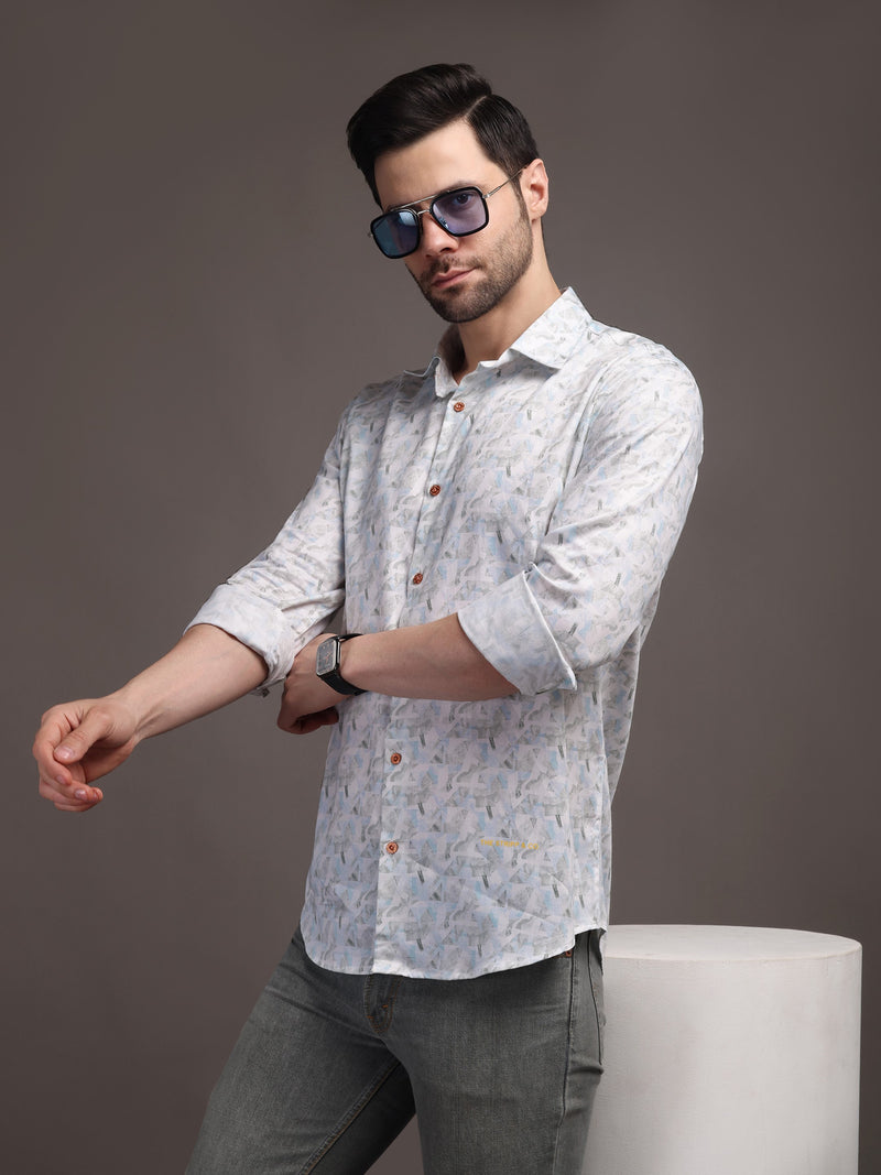 Whitish Blue Printed Bulgari Satin Discharge Shirt with Copper Metal Button - Premium, Unbreakable button