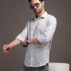 Whitish Blue Printed Bulgari Satin Discharge Shirt with Copper Metal Button - Premium, Unbreakable button