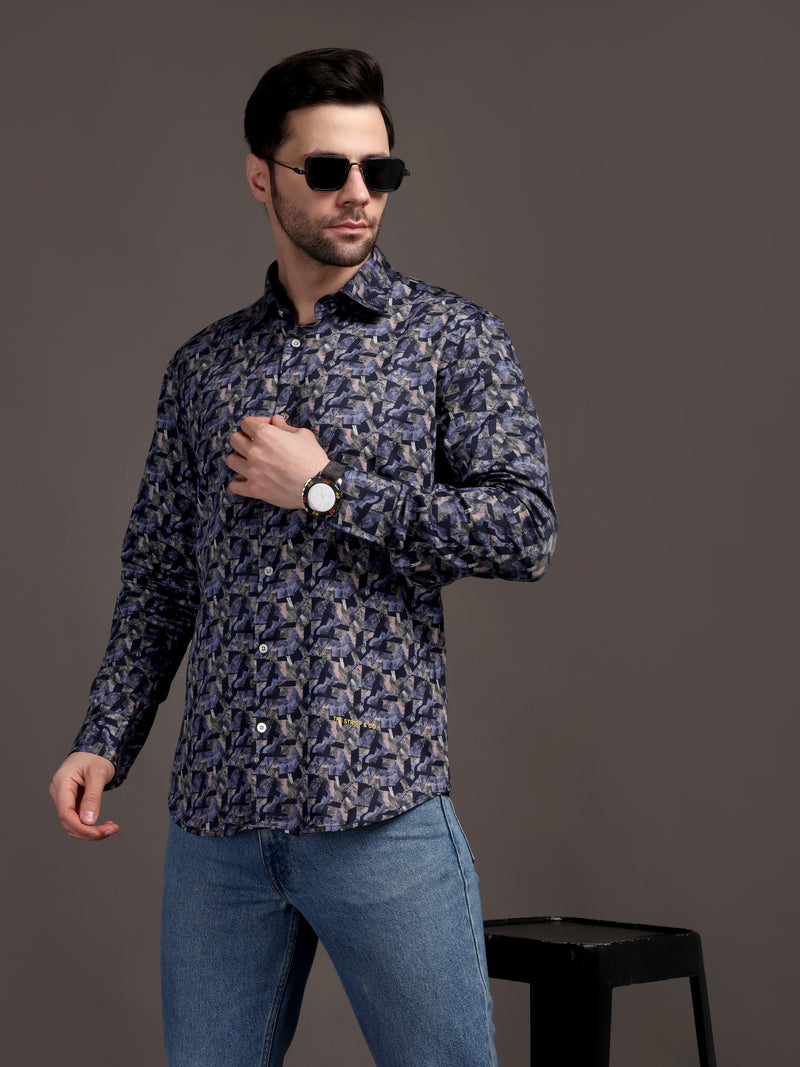 Berry Violet & Shiny Black Printed Printed Bulgari Satin Discharge Shirt with Metal Button - Premium