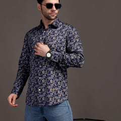 Berry Violet & Shiny Black Printed Printed Bulgari Satin Discharge Shirt with Metal Button - Premium