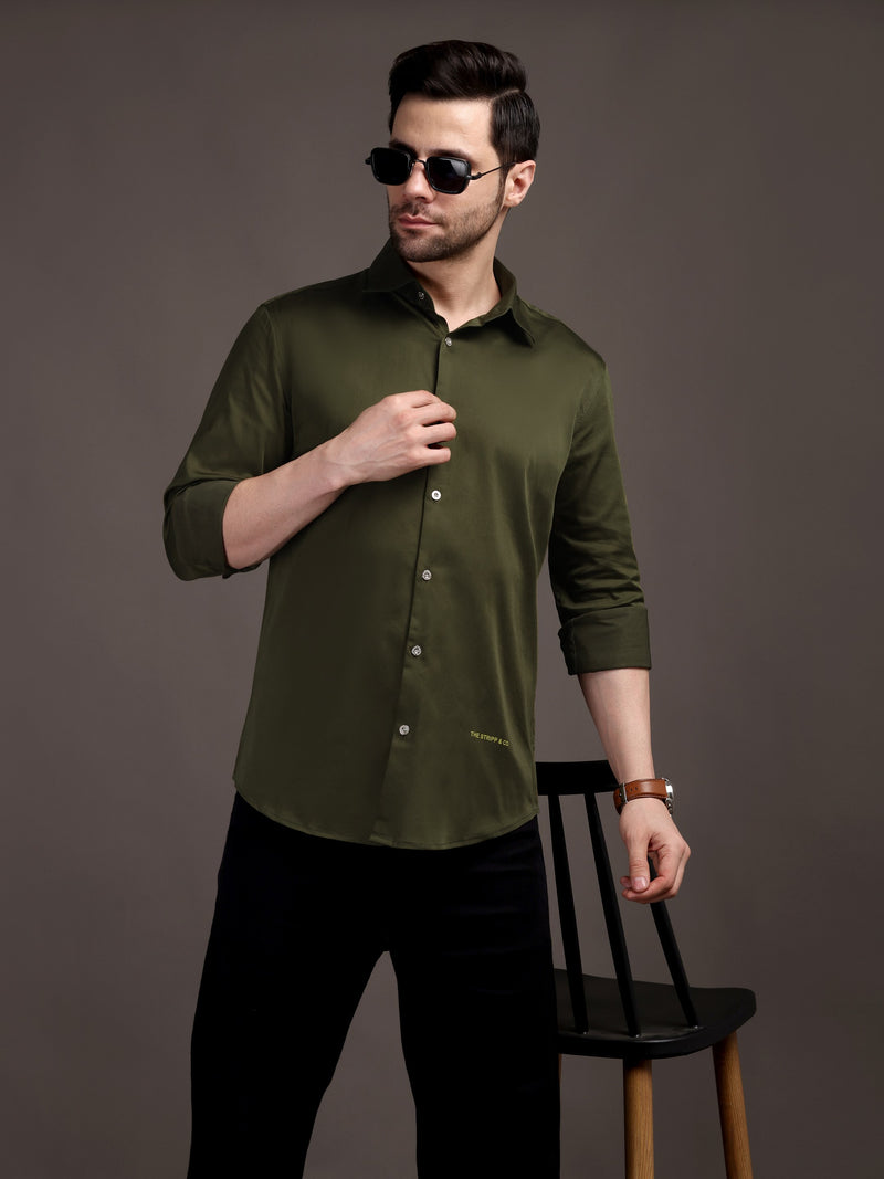 Army Green Plain Poly Satin Lycra Shirt with Silver Metal Button - Premium, Unbreakable button