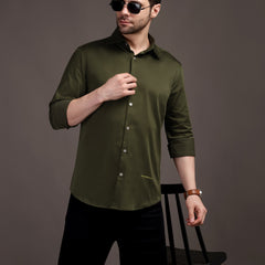 Army Green Plain Poly Satin Lycra Shirt with Silver Metal Button - Premium, Unbreakable button