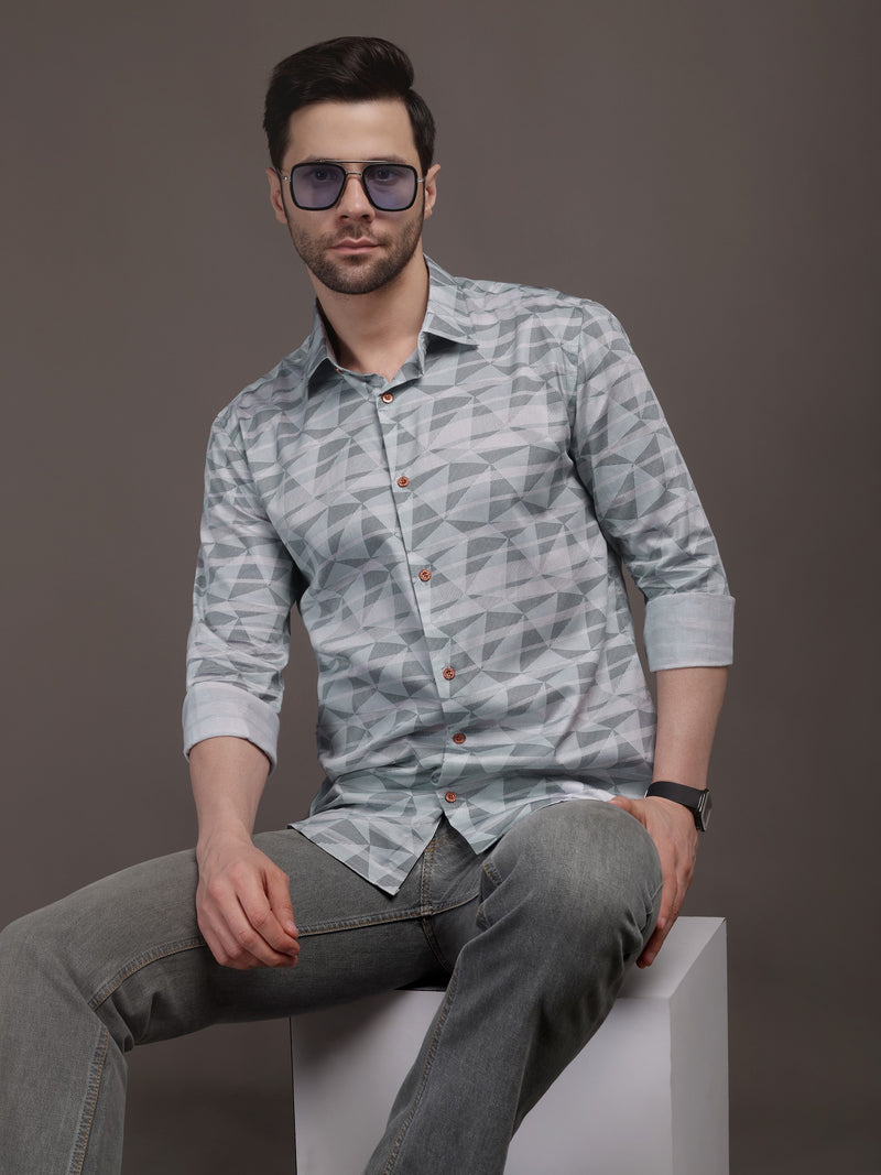 Grey Strippes Bulgari Satin Discharge Shirt with Copper Metal Button-Premium