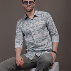Grey Strippes Bulgari Satin Discharge Shirt with Copper Metal Button-Premium