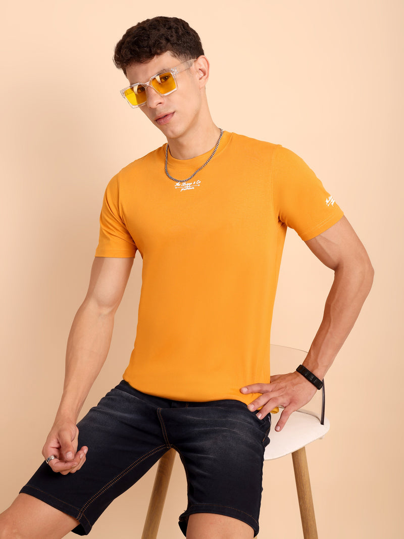 VALENCIA YELLOW ORANGE, IMPORTED COTTON BIO WASHED-FEEL SOFT CREW NECK T SHIRT