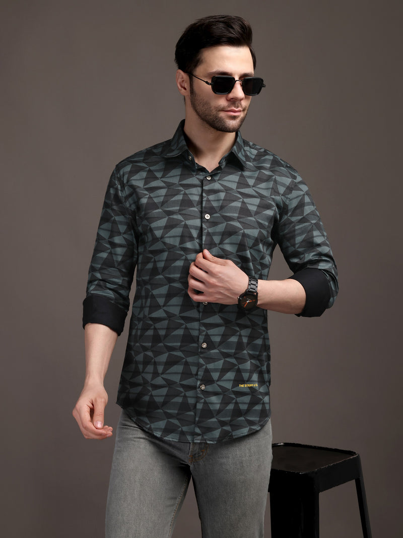 Sea Underground Green Bulgari Satin Discharge Shirt with Silver Metal ButtonPremium