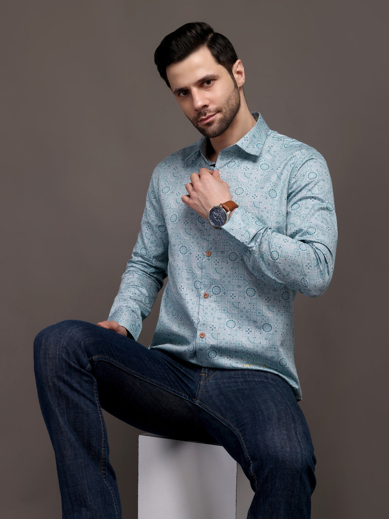 Sky Blue Printed Bulgari Satin Discharge Shirt with Metal Button - Premium