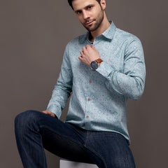 Sky Blue Printed Bulgari Satin Discharge Shirt with Metal Button - Premium