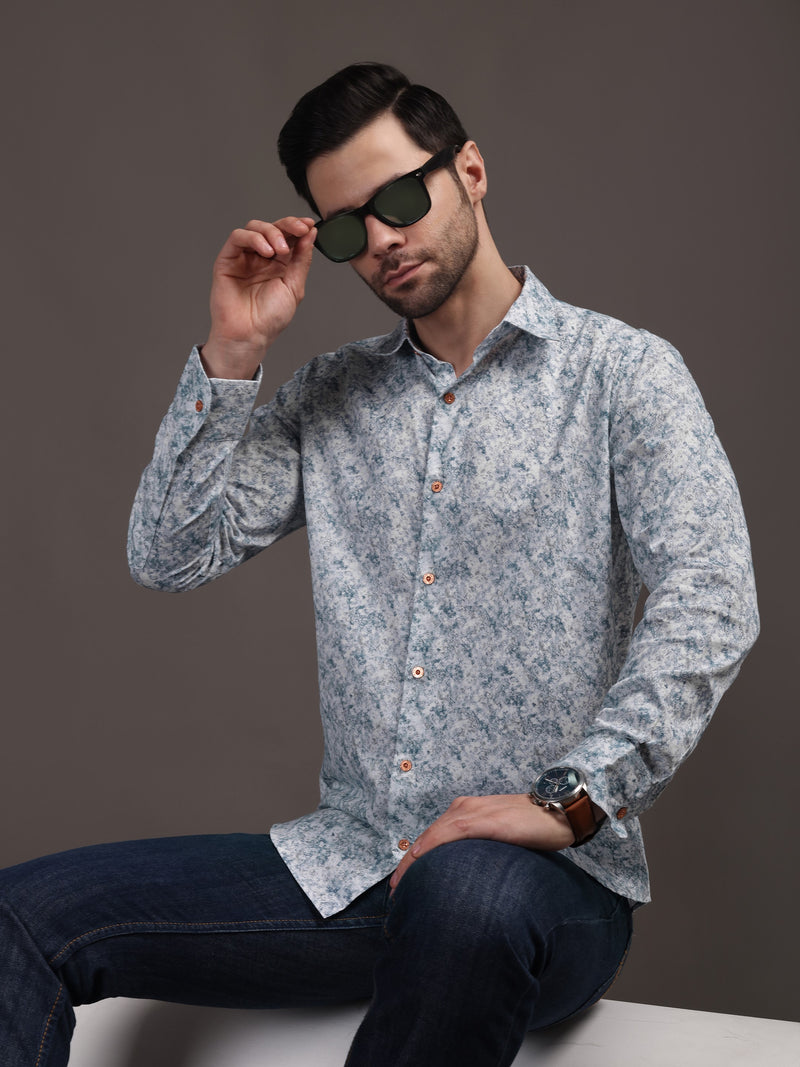 Heaven Blue & White Printed Bulgari Satin Discharge Shirt with Copper Metal Button - Premium