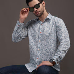 Heaven Blue & White Printed Bulgari Satin Discharge Shirt with Copper Metal Button - Premium