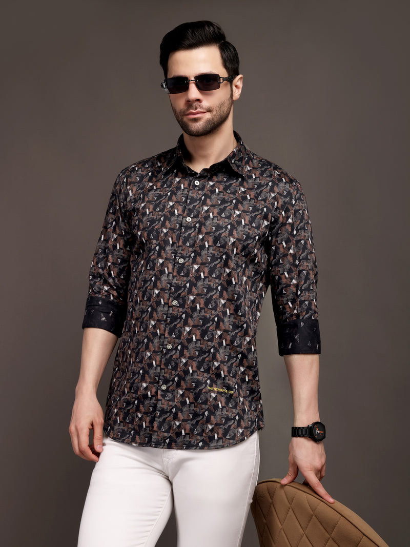 Cocoa Black and Brown Printed Bulgari Satin Discharge Shirt with Metal Button - Premium