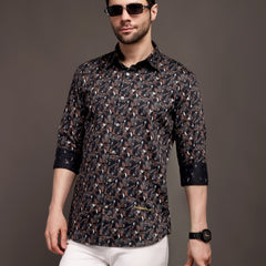 Cocoa Black and Brown Printed Bulgari Satin Discharge Shirt with Metal Button - Premium