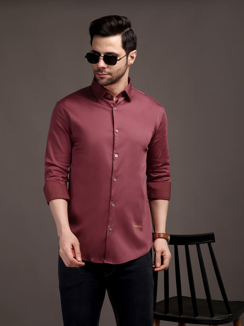 Dark Magenta Pink Plain Poly Satin Lycra Shirt with Silver Metal Button - Premium, Unbreakable button