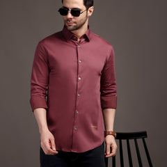 Dark Magenta Pink Plain Poly Satin Lycra Shirt with Silver Metal Button - Premium, Unbreakable button