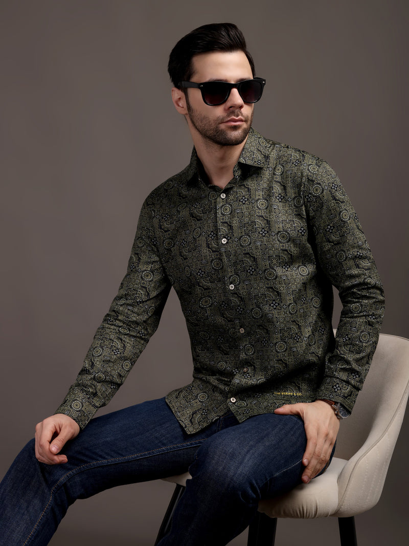 Mehendi/Sea Green Printed Bulgari Satin Discharge Shirt with Metal Button - Premium
