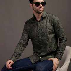 Mehendi/Sea Green Printed Bulgari Satin Discharge Shirt with Metal Button - Premium