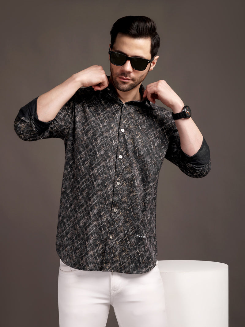 Metal Black Printed Bulgari Satin Discharge Shirt with Metal Button - Premium