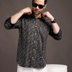 Metal Black Printed Bulgari Satin Discharge Shirt with Metal Button - Premium
