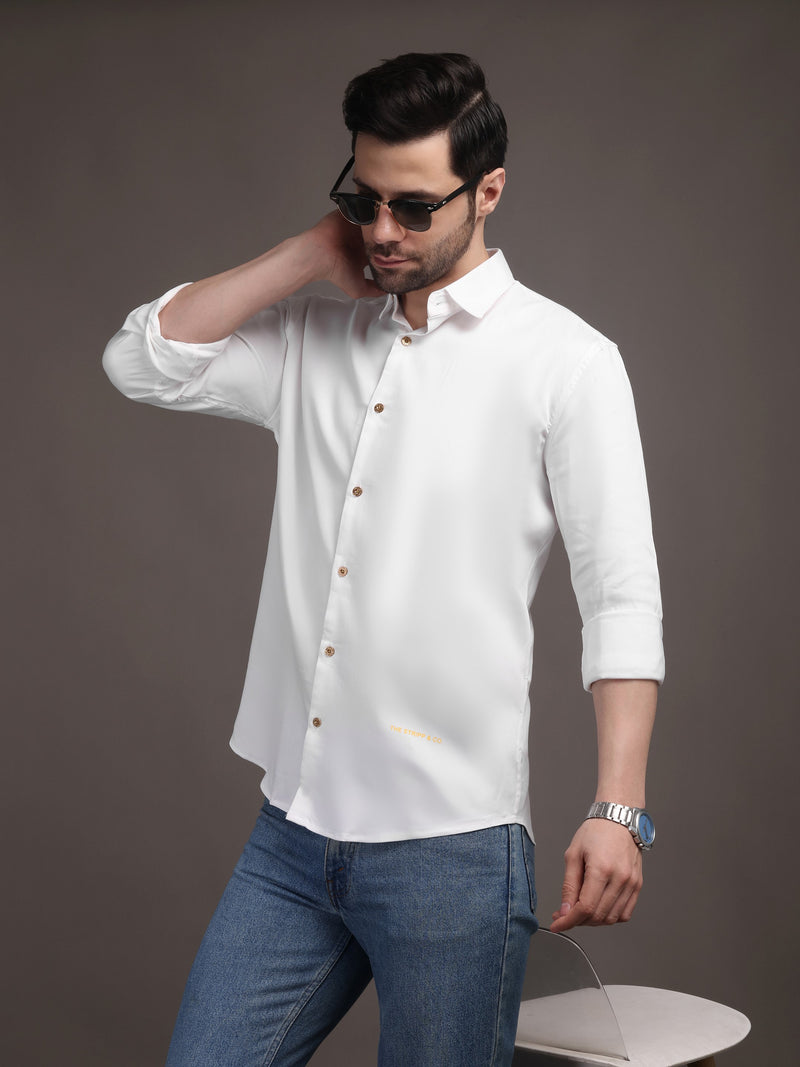 Milky White Plain Poly Satin Lycra Shirt with Copper Metal Button - Premium, Unbreakable button