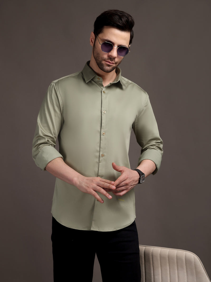 Light Olive Green Color Plain Poly Satin Lycra Shirt with Gold Metal Button - Premium, Unbreakable button