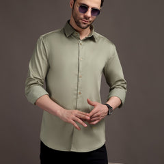 Light Olive Green Color Plain Poly Satin Lycra Shirt with Gold Metal Button - Premium, Unbreakable button
