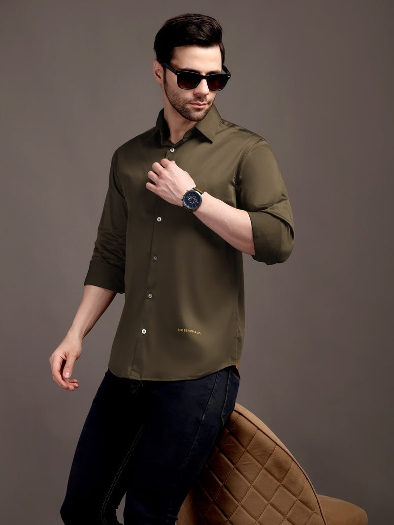 Mehendi Green Plain Poly Satin Lycra Shirt with Silver Metal Button - Premium, Unbreakable button