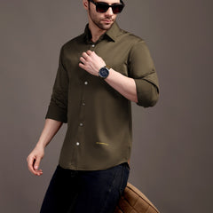 Mehendi Green Plain Poly Satin Lycra Shirt with Silver Metal Button - Premium, Unbreakable button