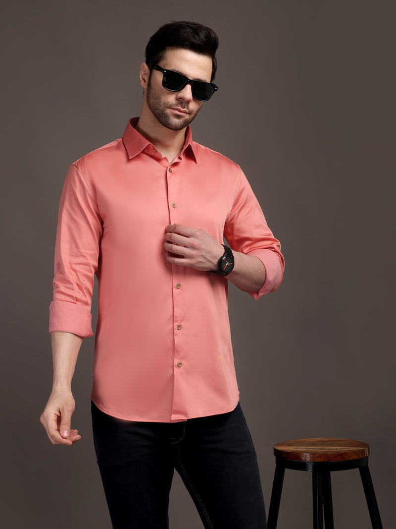 Veromoda Peach Plain Poly Satin Lycra Shirt with Gold Metal Button - Premium, Unbreakable button