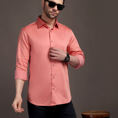 Veromoda Peach Plain Poly Satin Lycra Shirt with Gold Metal Button - Premium, Unbreakable button