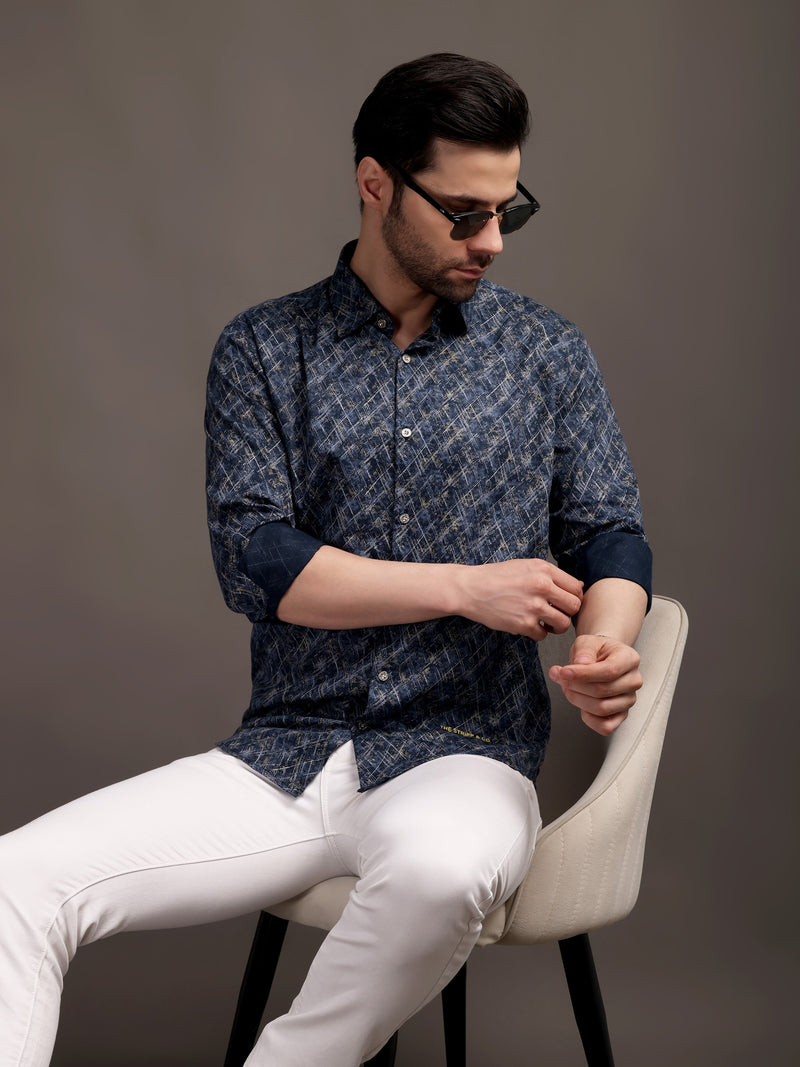 Meta Blue Printed Bulgari Satin Discharge Shirt with Metal Button - Premium