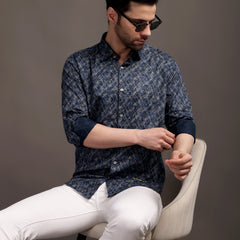 Meta Blue Printed Bulgari Satin Discharge Shirt with Metal Button - Premium