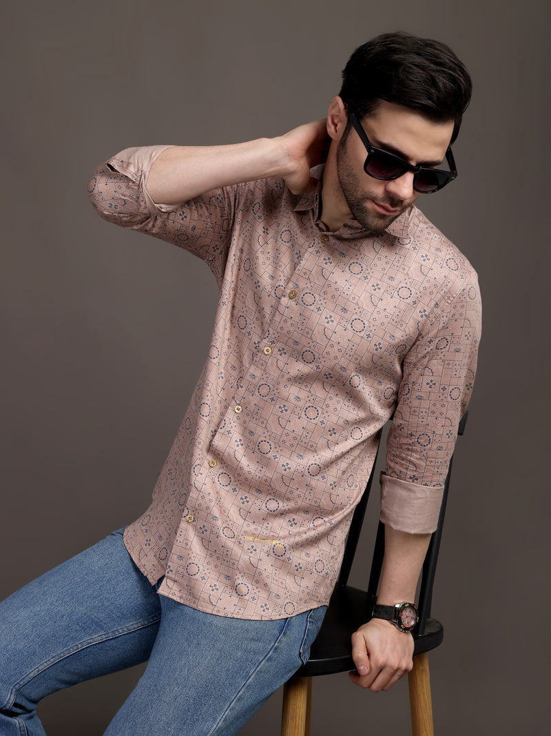 Peach Veromoda Printed Bulgari Satin Discharge Shirt with Copper Metal Button - Premium