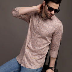 Peach Veromoda Printed Bulgari Satin Discharge Shirt with Copper Metal Button - Premium