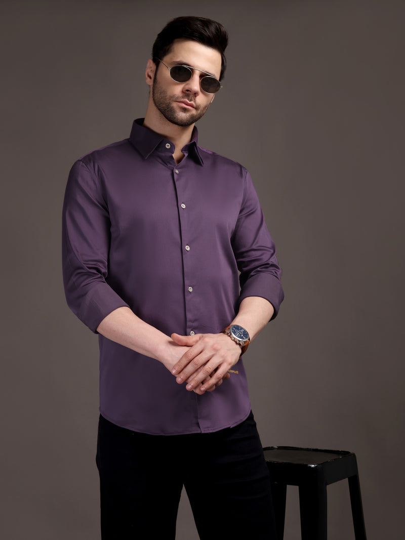 Violet/Lavendour Plain Poly Satin Lycra Shirt with Silver Metal Button - Premium, Unbreakable button
