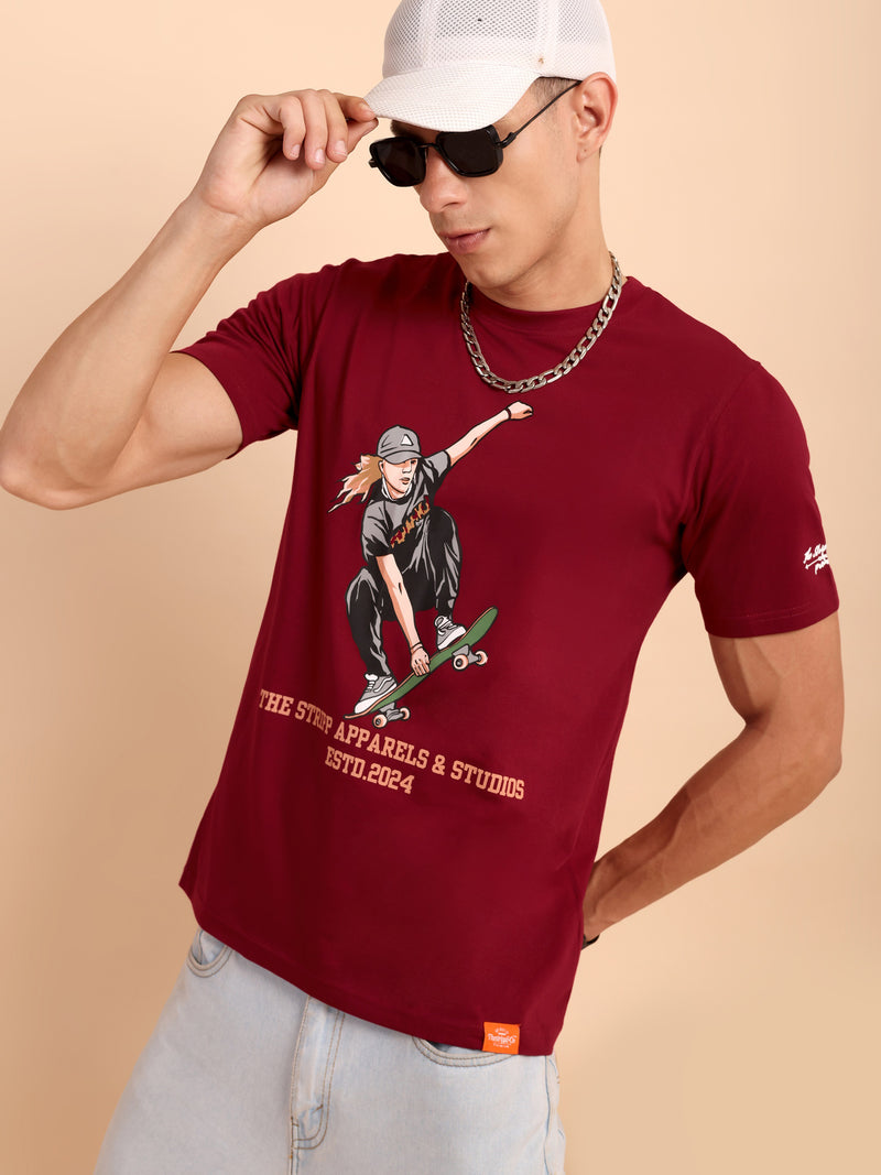 BURGUNDY MAROON, IMPORTED COTTON BIO WASHED-FEEL SOFT CREW NECK T SHIRT
