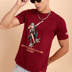 BURGUNDY MAROON, IMPORTED COTTON BIO WASHED-FEEL SOFT CREW NECK T SHIRT